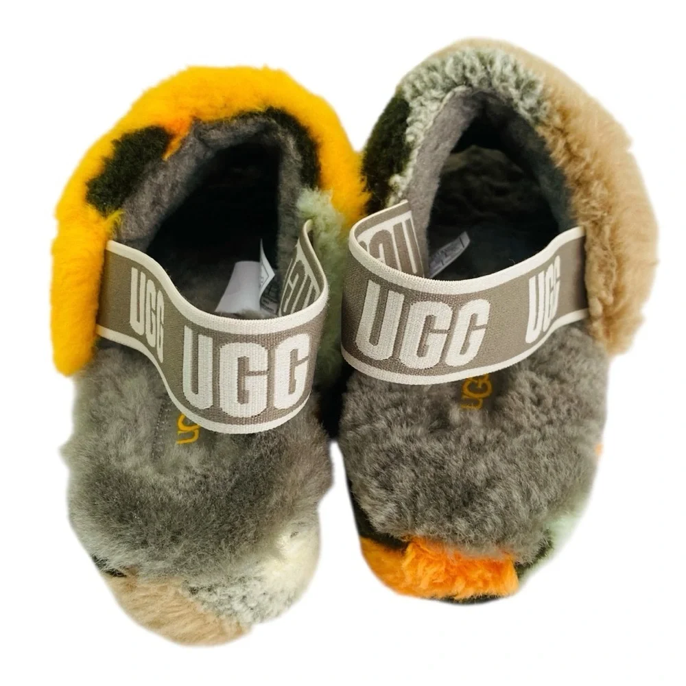 UGG Fluff Yeah Slide Cali Collage Olive Faux Fur Sandals Size 8